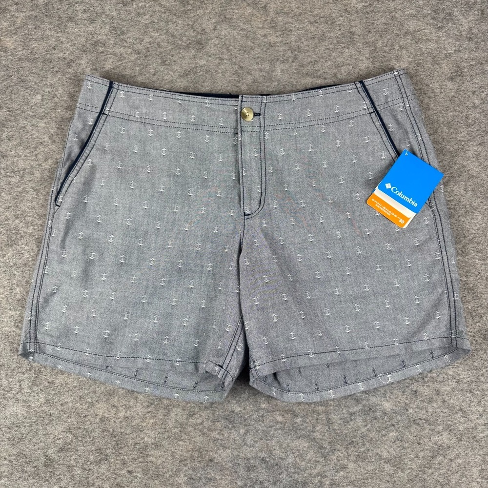 Columbia PFG Solar Fade Shorts 6" Pockets Cotton Chambray Anchors Blue Womens 16